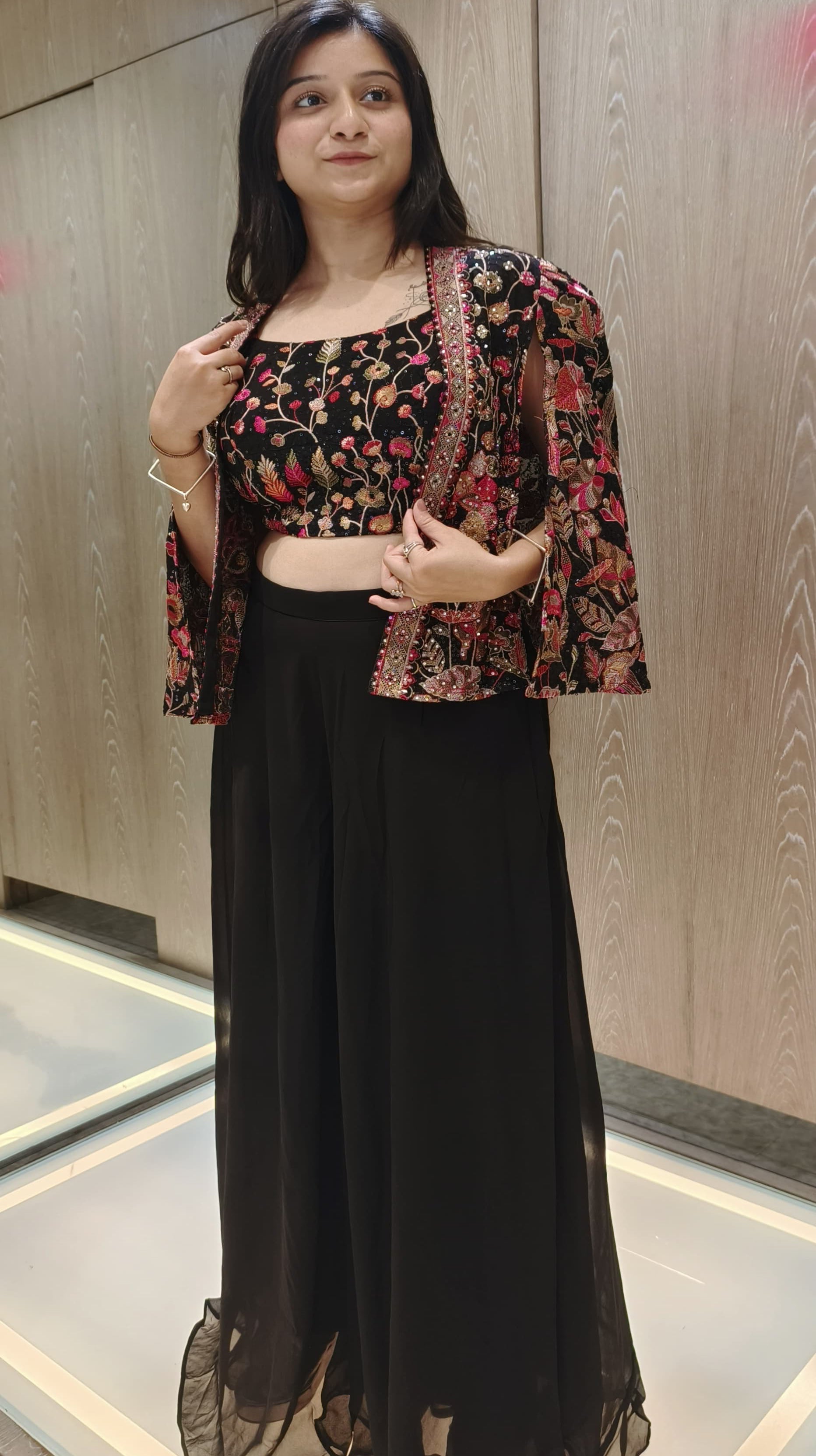 Black Color Georgette Machine Embroidered Plazzo With Jacket